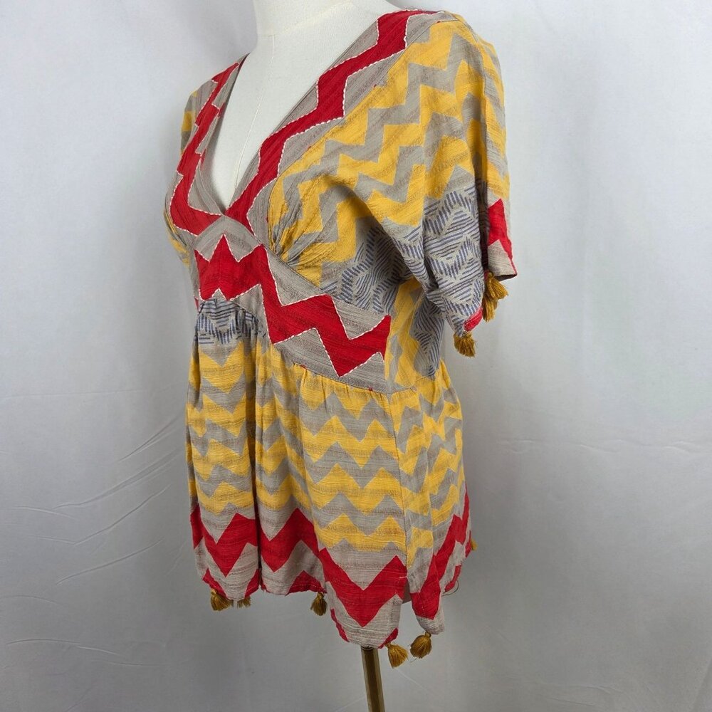 Oliphant Top XS Multicolor Tan Chevron Cotton Boho Blouse Tassels SS Folk Artsy - Picture 3 of 10